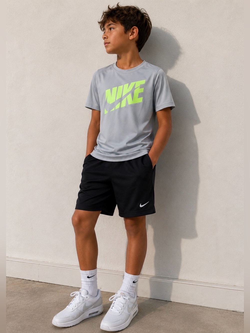 Nike Dri-FIT Youth Large Gray Neon Green Graphic Athletic Performance Shirt